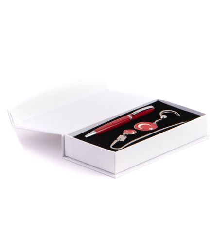 Single Modern Fıstıklı Kalp Çikolata Kırmızı- Pembe - Ayyıldız Kalem Seti