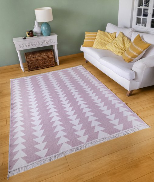 Duo Beyaz Pembe Çift Taraflı Yıkanabilir Dokuma Kilim 22994A 80 x 150 Cm