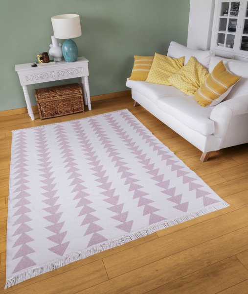 Duo Beyaz Pembe Çift Taraflı Yıkanabilir Dokuma Kilim 22994A 80 x 150 Cm