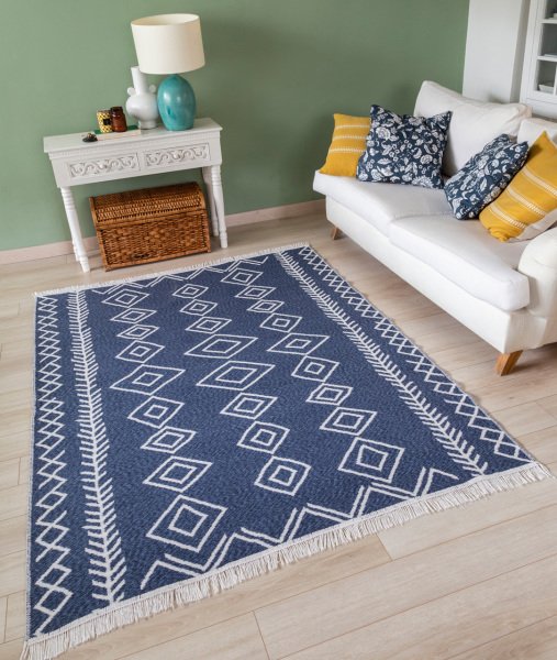 Duo Beyaz Mavi Çift Taraflı Yıkanabilir Dokuma Kilim 23000A 160 x 230 Cm