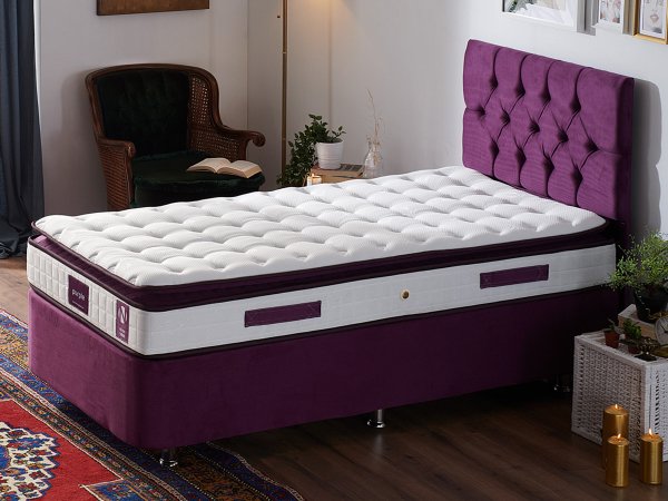 Purple Yatak Seti 90X200Cm Tek Kişilik Yatak Baza Başlık Takımı Orta Sert Yatak Mor Baza Ve Başlığı
