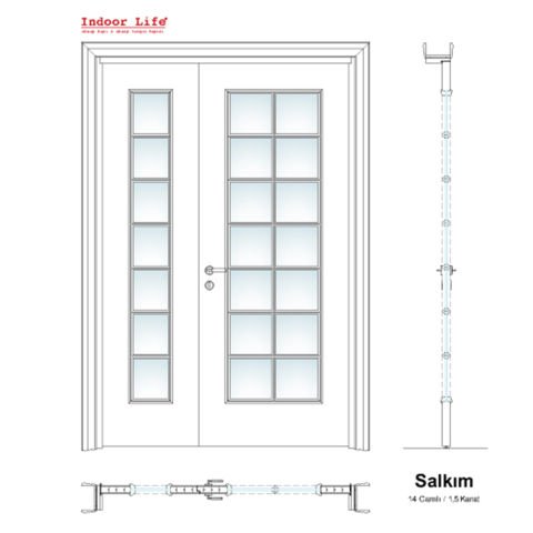 Salkım 14 Camlı 1,5 Kanat Doğal Hareli Ceviz Ahşap Kapı