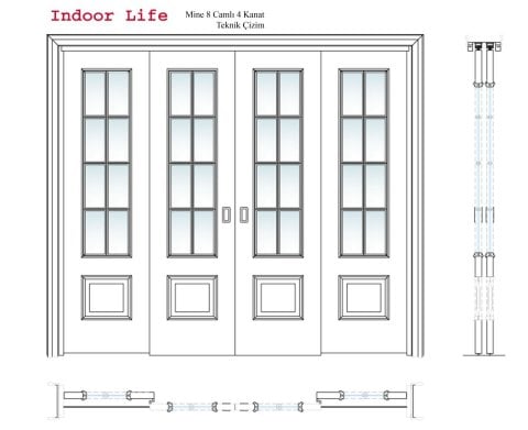 Mine 8 Camlı 4 Kanat Kasa İçi Sürgülü Ahşap Kapı