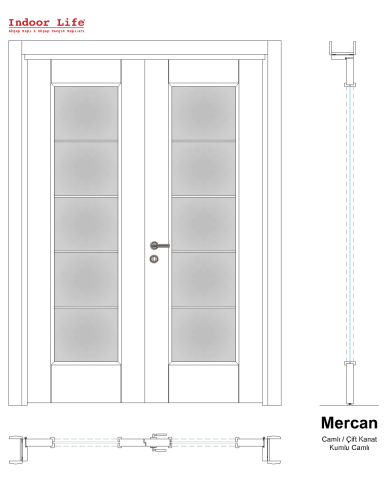 Mercan Camlı 2 Kanat Ceviz 11 Ahşap Kapı