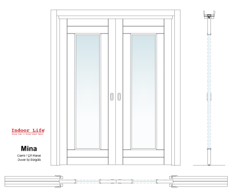 Mina Camlı 2 Kanat  Duvar İçi Sürgülü Ahşap Kapı