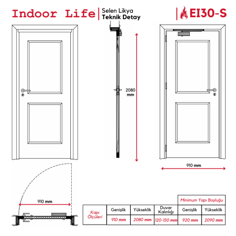 EI30-S Selen Likya Yangına Dayanıklı Ahşap Kapı