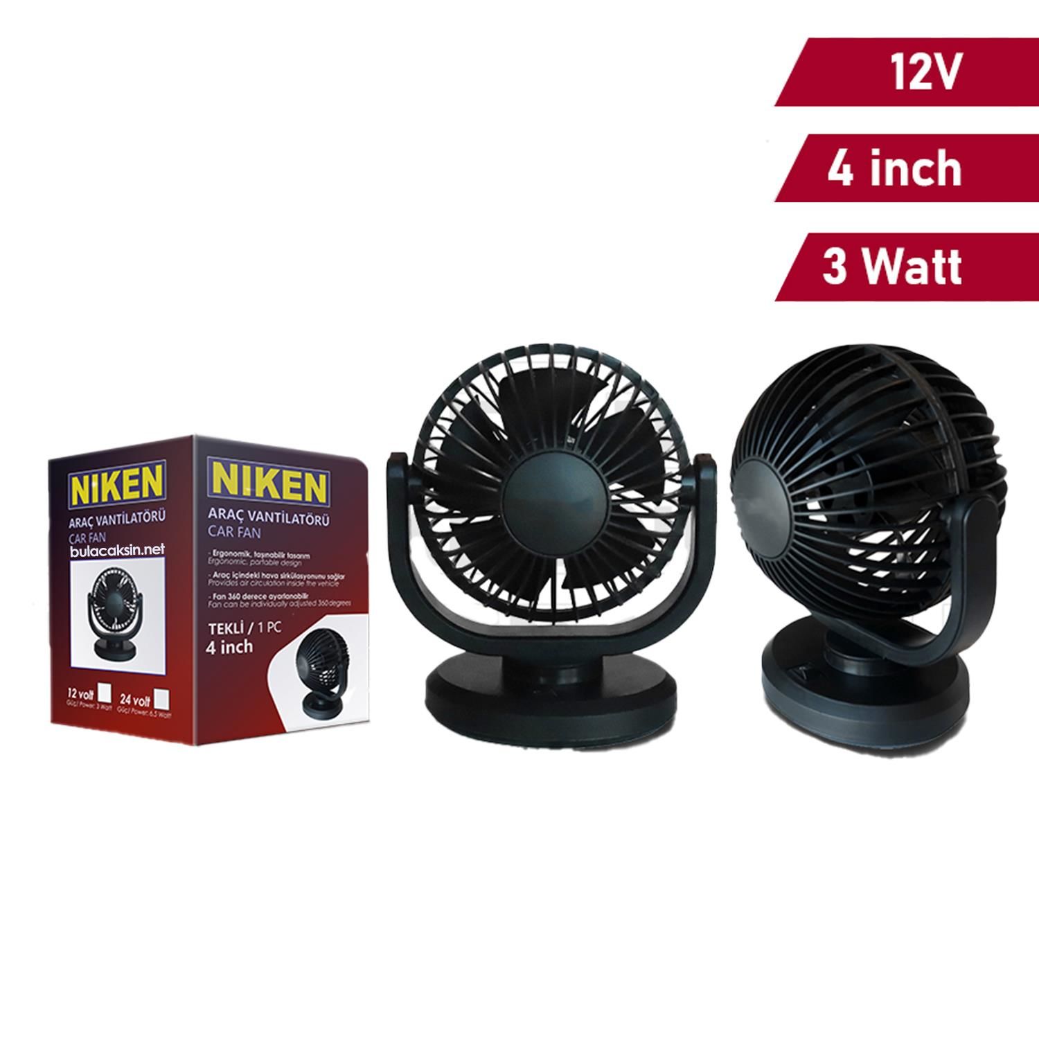Niken Oto Vantilatör Küçük Tekli 12V 4 İnch Çakmak Girişli