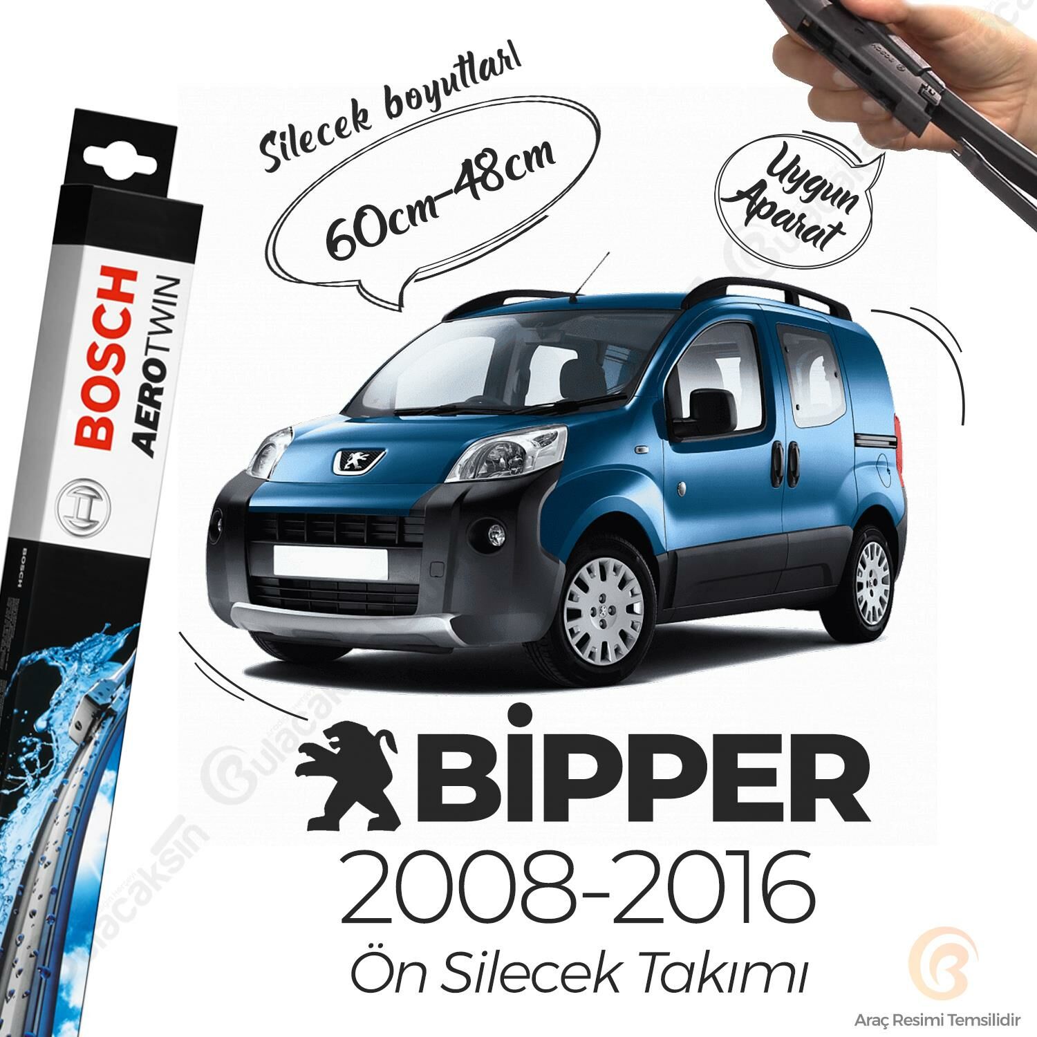 Bosch Aerotwin Muz Silecek Takımı Peugeot Bipper 2008-2017 ile uyumlu