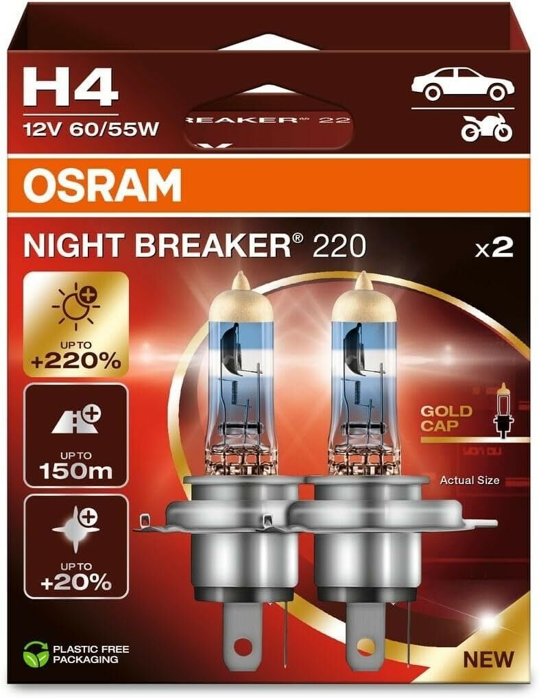 Osram H4 Night Breaker 220 12V %220 Fazla Işık (1 Takım-2 Ad.) Oto Ampul Seti