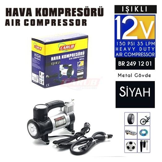 Carub Hava Kompresörü 12V Metal Led Işıklı Siyah