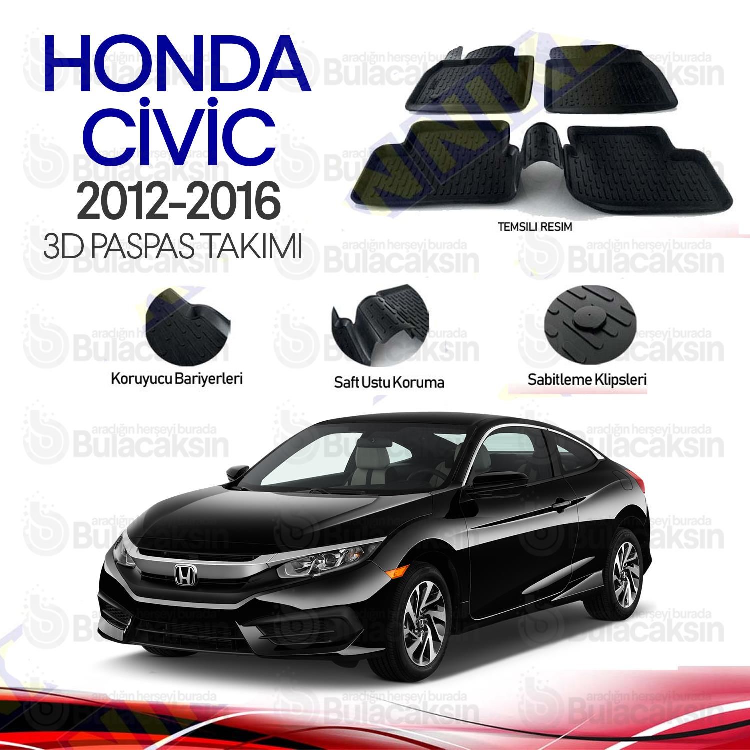 Honda Civic 2012 - 2016 3D Havuzlu Oto Paspas Takımı