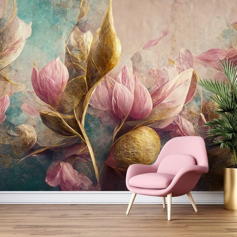 Soyut Pembe ve Renkli Çiçekler Oturma Odası Duvar Kağıdı