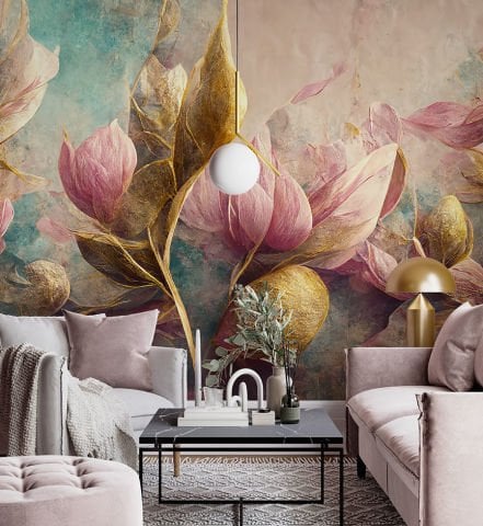 Soyut Pembe ve Renkli Çiçekler Oturma Odası Duvar Kağıdı