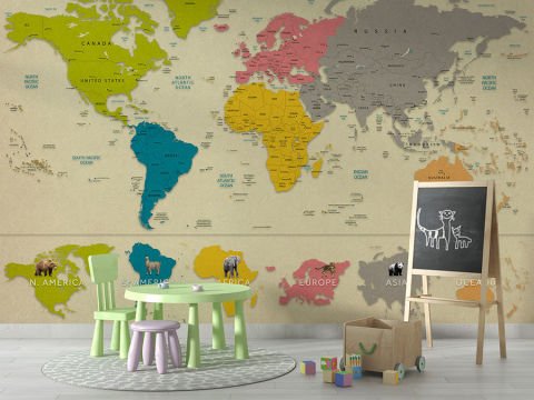 Çocuk Odası, Anaokulu ve Kreş için Hayvan Temalı Dünya Haritası Duvar Kağıdı