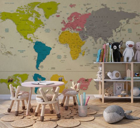 Çocuk Odası, Anaokulu ve Kreş için Hayvan Temalı Dünya Haritası Duvar Kağıdı