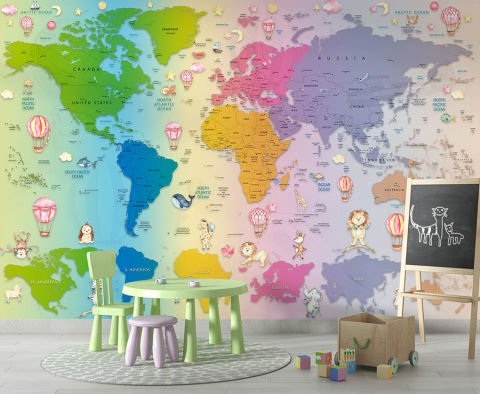 Renkli Dünya Haritası Çocuk Odası ve Kreşler için Duvar Kağıdı