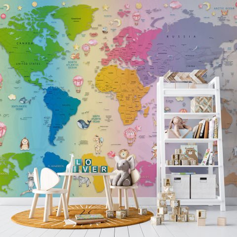 Renkli Dünya Haritası Çocuk Odası ve Kreşler için Duvar Kağıdı