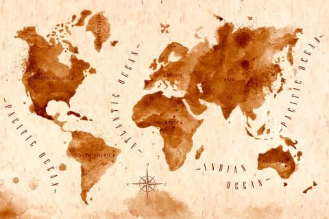 Dekoratif Sulu Boya Çizimi Dünya Haritası Kıtalar ve Denizler Duvar Kağıdı