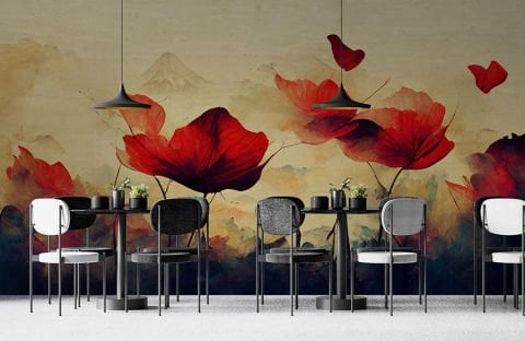 Kırmızı Güller Sanatsal Soyut Dağ Arkaplanlı Oturma Odası Mutfak Duvar Kağıdı