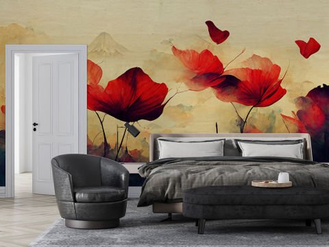 Kırmızı Güller Sanatsal Soyut Dağ Arkaplanlı Oturma Odası Mutfak Duvar Kağıdı