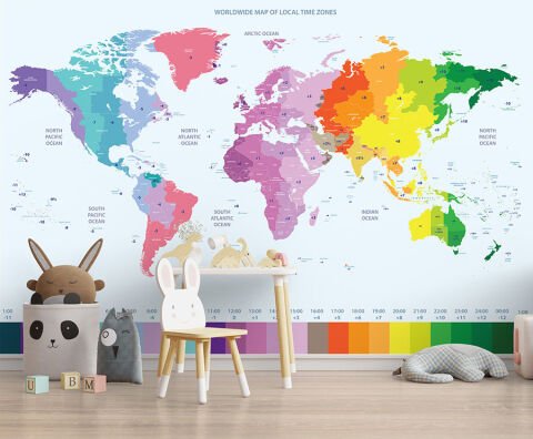 Renkli Dünya Haritası ve Ülkelerin Zaman Dilimleri Oteller İçin Duvar Kağıdı
