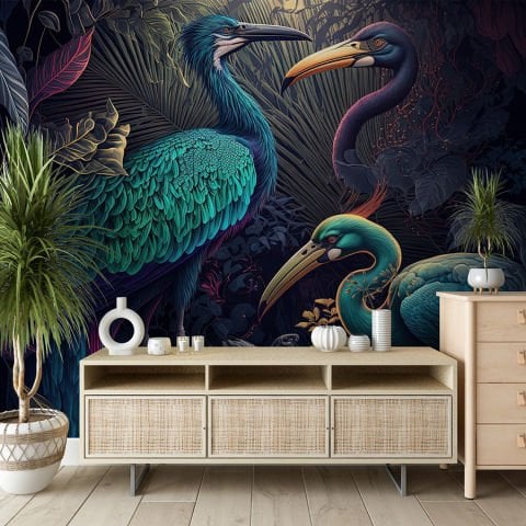 Renkli Tavus Kuşları ve Eğrelti Otları Soyut Tropikal Duvar Kağıdı