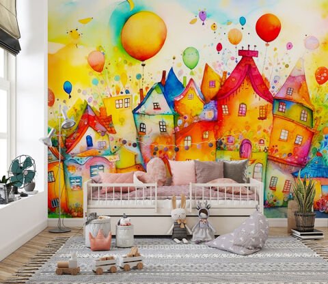 Renkli Binalar Şehir ve Uçan Balonlar Pastel Tonlarda El Çizimi Çocuk Odası ve Kreş Duvar Kağıdı