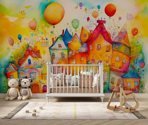 Renkli Binalar Şehir ve Uçan Balonlar Pastel Tonlarda El Çizimi Çocuk Odası ve Kreş Duvar Kağıdı