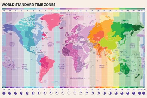 Oteller için Dünya Saatleri ve Renkli Dünya Haritası Duvar Kağıdı