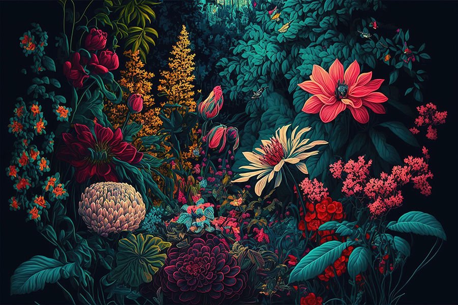 Renkli Çiçekler ve Ağaçlar Poster Duvar Kağıdı | Non-Woven | En:157xBoy:105 cm.