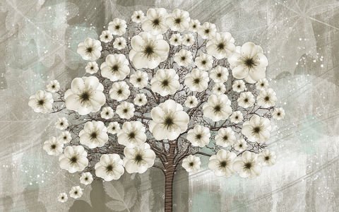 Modern 3D Beyaz Çiçekli Ağaç Poster Duvar Kağıdı | Non-Woven | En:210xBoy:140 cm.