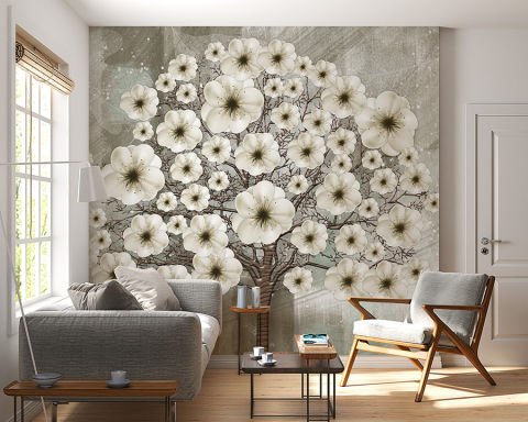 Modern 3D Beyaz Çiçekli Ağaç Poster Duvar Kağıdı | Non-Woven | En:210xBoy:140 cm.