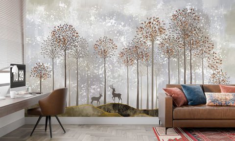 Soyut Doğa Manzarası Geyikler ve Sonbahar Ağaçları Salon Oturma Odası Duvar Kağıdı