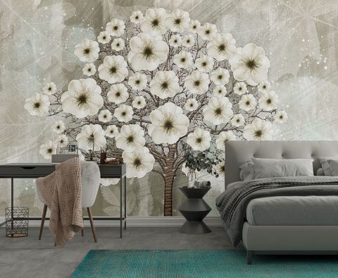 Modern 3D Beyaz Çiçekli Ağaç Poster Duvar Kağıdı | Non-Woven | En:315xBoy:210 cm.