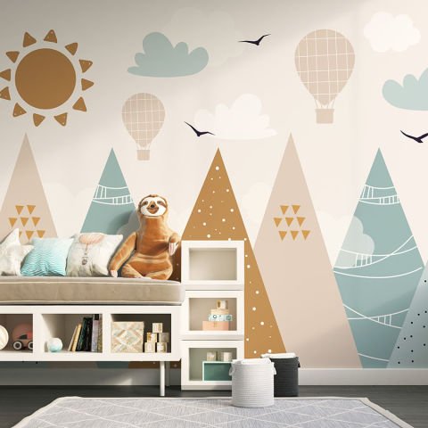 Soyut Dağlar Kuşlar Bulutlar ve Güneş Temalı Çocuk Odası Duvar Kağıdı | En:210xBoy:140 cm. | Non-Woven