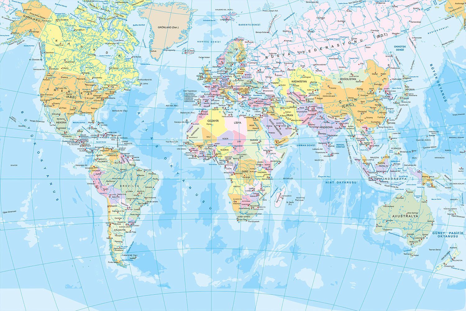 Türkçe Dünya Haritası Duvar Kağıdı | En:420xBoy:285 cm. | Dokulu