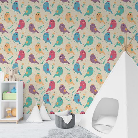 Sevimli Küçük Kuşlar Çocuk Odası Duvar Kağıdı