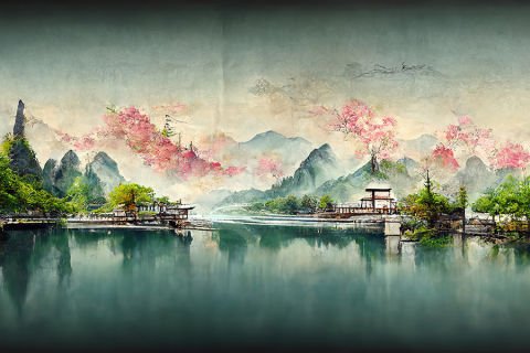 Doğal Göl Manzarası Japon Ağaçları Dağlar Duvar Kağıdı