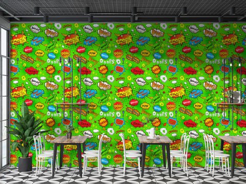 Pop Art Desenli Yeşil Çocuk Odası Cafe Duvar Kağıdı