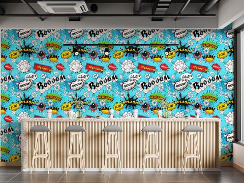 Pop Art Desenli Mavi Cafe Bar Duvar Kağıdı