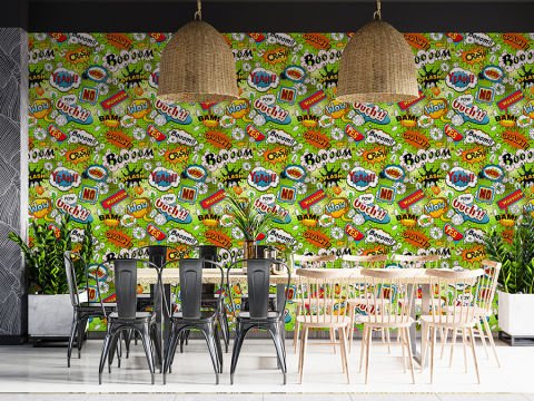 Pop Art Desenli Yeşil Cafe Bar Duvar Kağıdı