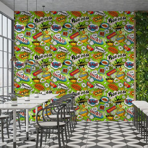 Pop Art Desenli Yeşil Cafe Bar Duvar Kağıdı
