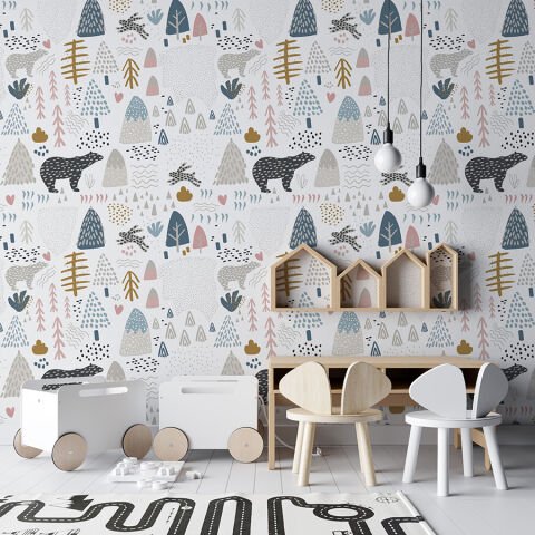 Orman ve Hayvan Desenli Çocuk Odası Duvar Kağıdı