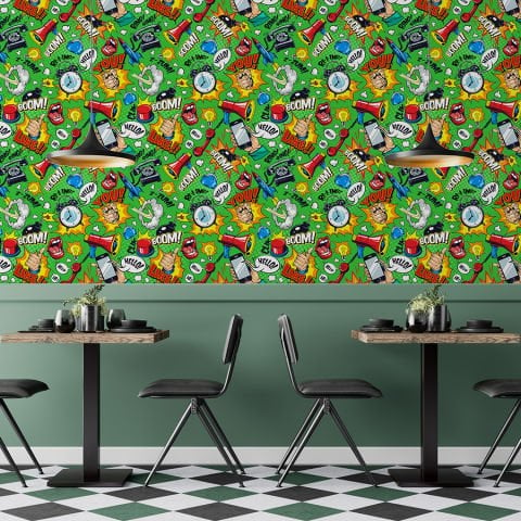 Pop Art Desenli Yeşil Cafe Bar Ofis Duvar Kağıdı
