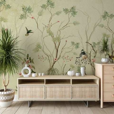 Kuşlar Çiçekler ve Ağaçlar Salon Mutfak Duvar Kağıdı
