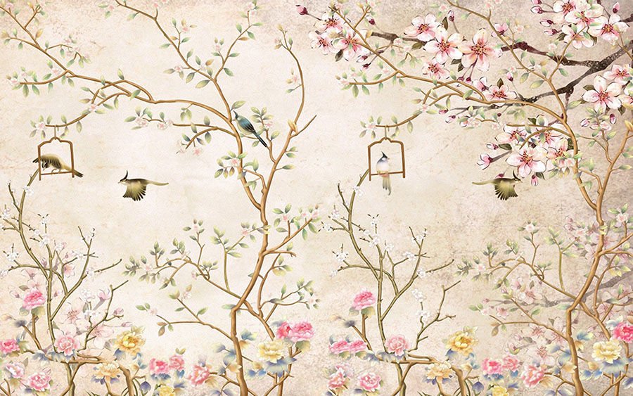 Kuşlar ve Çiçekler Oturma Odası Duvar Kağıdı