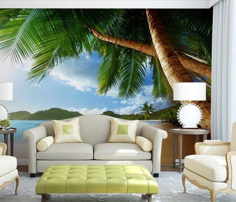 Tropikal Deniz Manzaralı Palmiye Ağacı Duvar Kağıdı