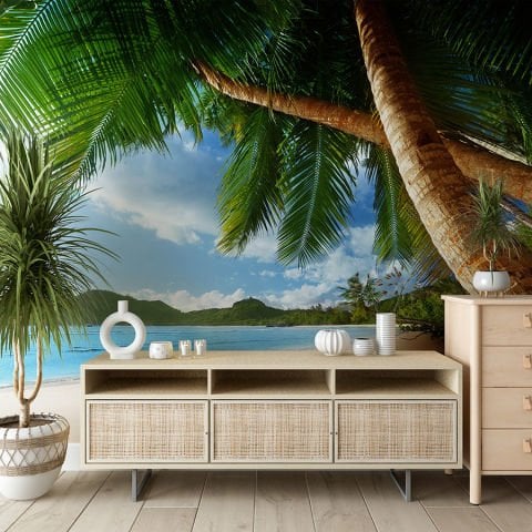 Tropikal Deniz Manzaralı Palmiye Ağacı Duvar Kağıdı