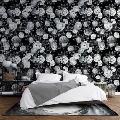 Siyah Arkaplanda Beyaz Çiçekler Modern Duvar Kağıdı