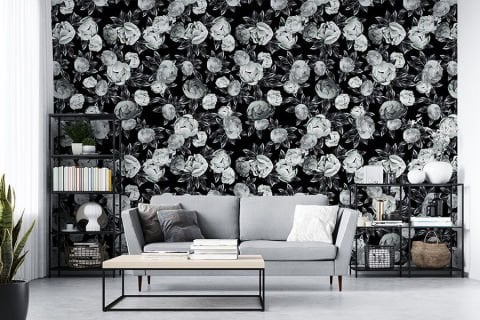 Siyah Arkaplanda Beyaz Çiçekler Modern Duvar Kağıdı